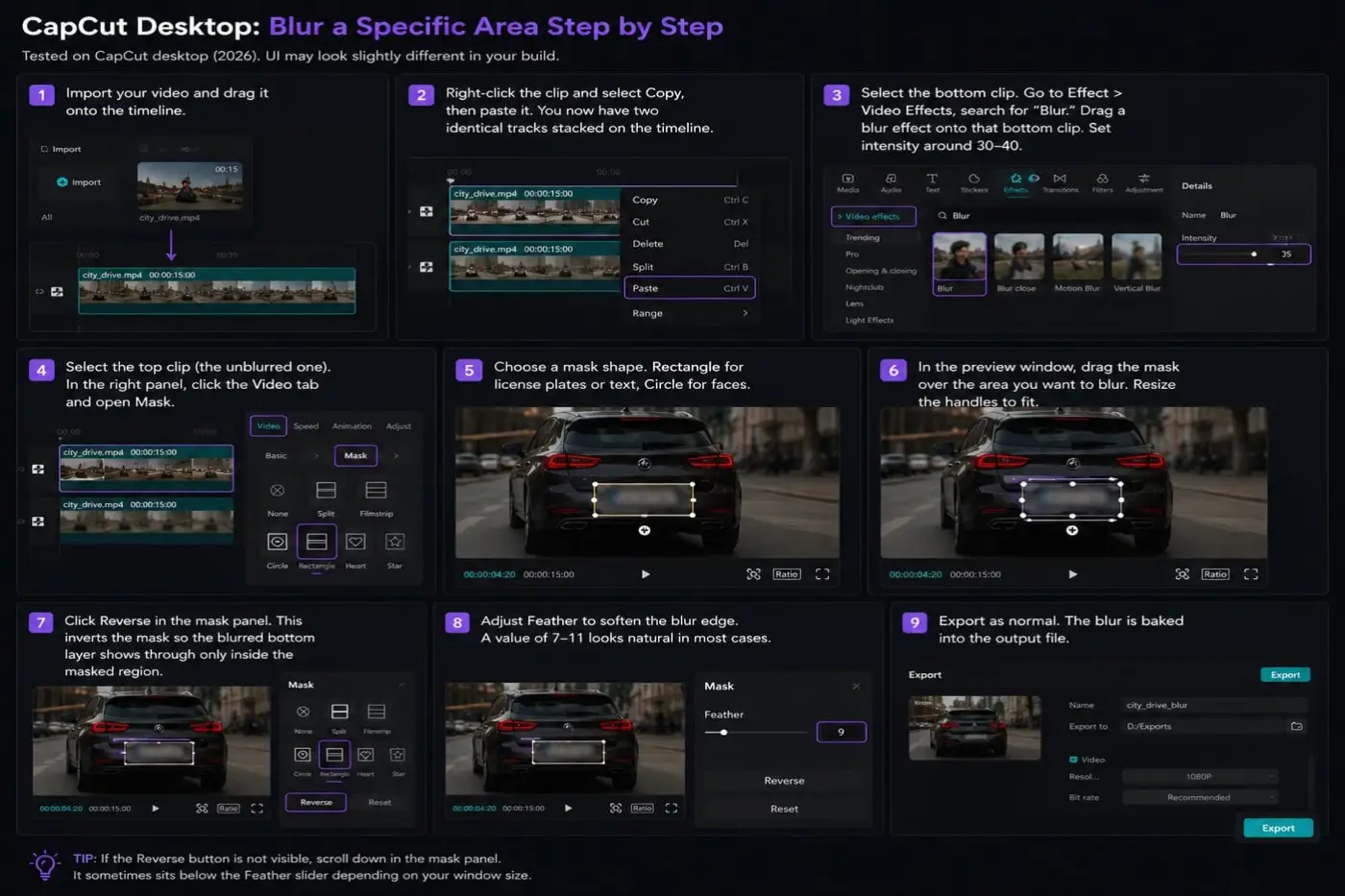 CapCut desktop workflow for duplicating a clip and masking one blurred area