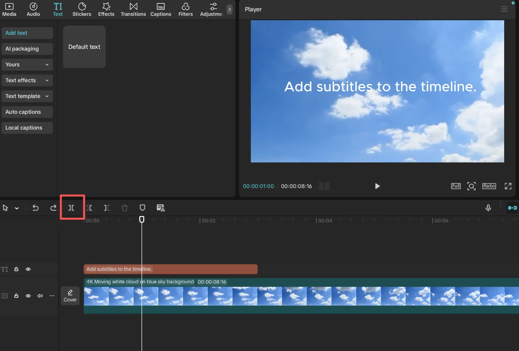 Current official CapCut Desktop subtitle block selected for splitting
