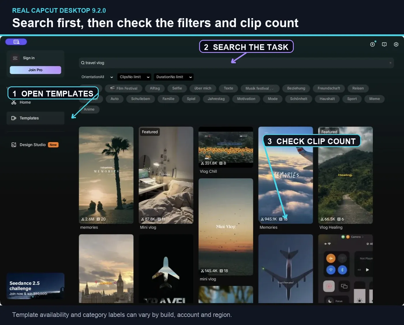 CapCut Desktop 9.2.0 template library with search filters and clip counts
