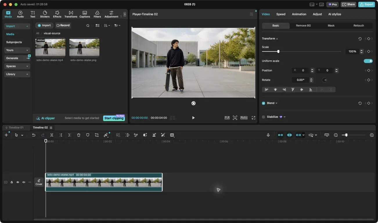 Anonymized CapCut Desktop timeline with non-personal skateboard footage and transform controls