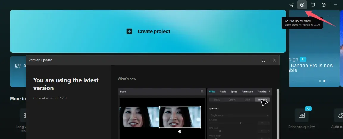 CapCut Desktop top-right update icon and version update window
