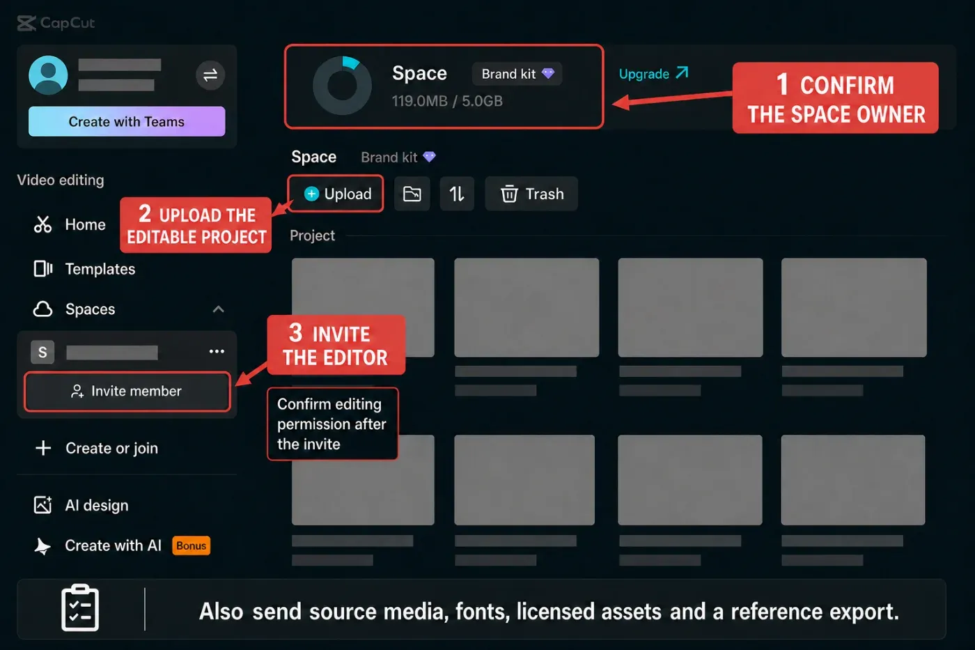 CapCut editor handoff checklist for ownership, permissions, media, assets and reference export