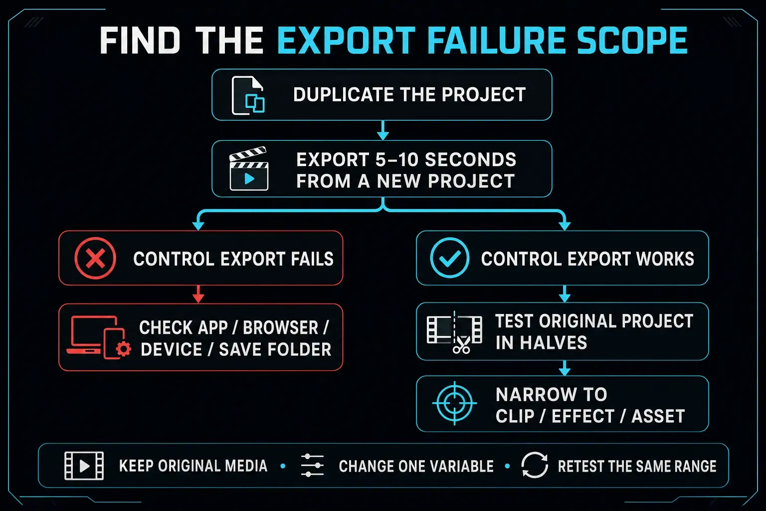 CapCut export failure scope decision tree using a control project and timeline range isolation