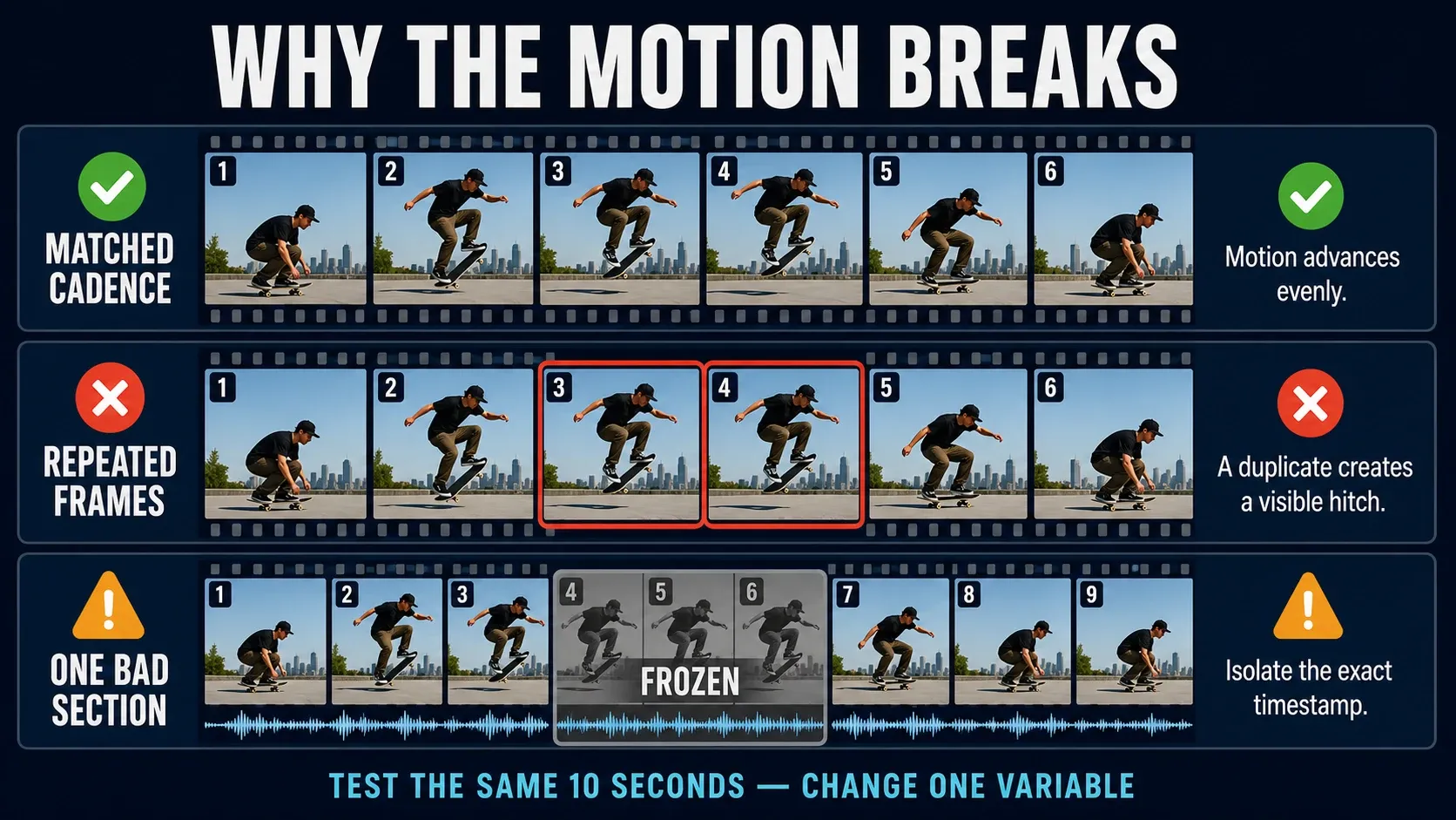 Matched cadence, repeated frames and one frozen CapCut export section compared