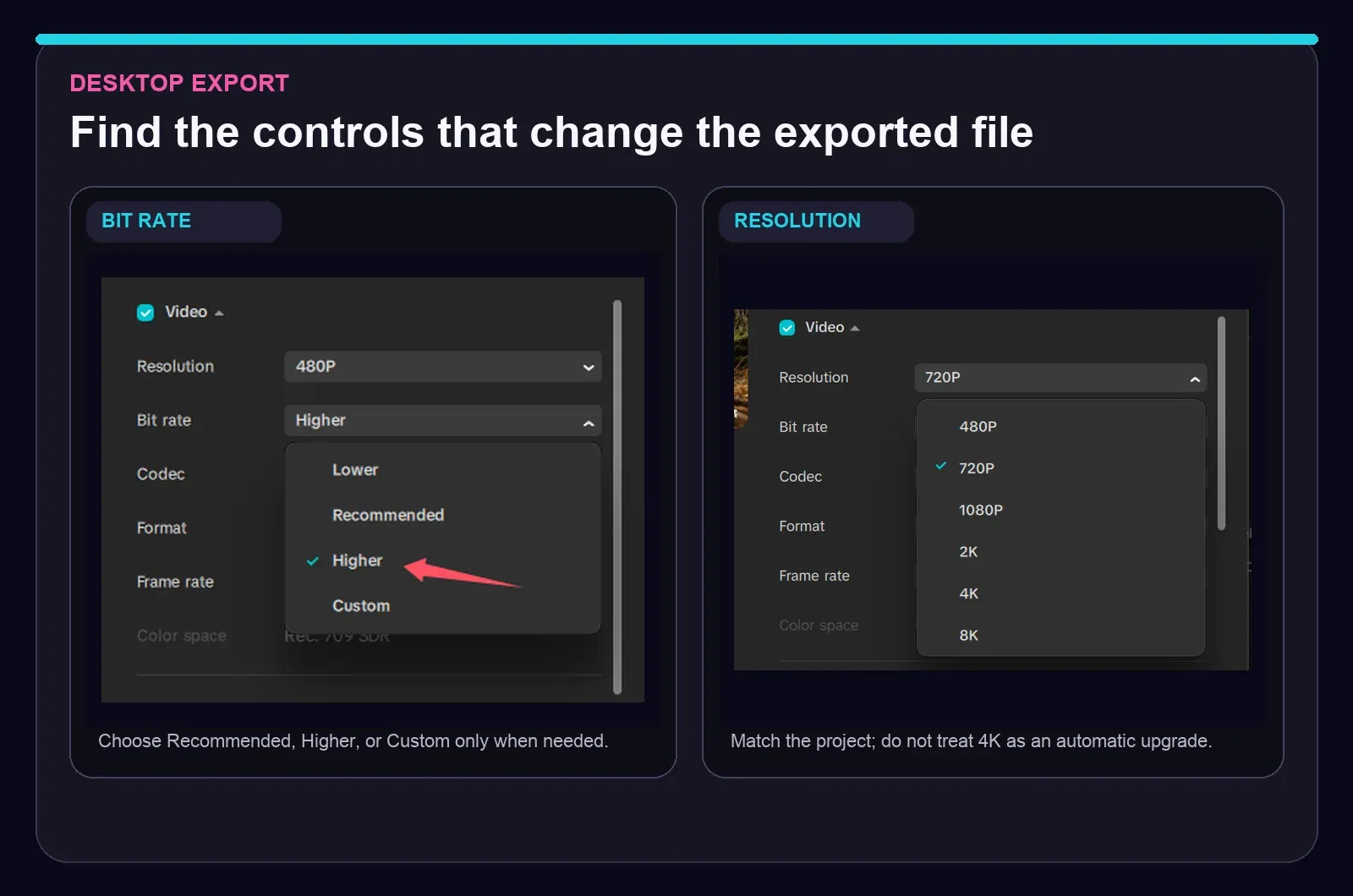 Current CapCut Desktop resolution and bitrate controls from official English help screens