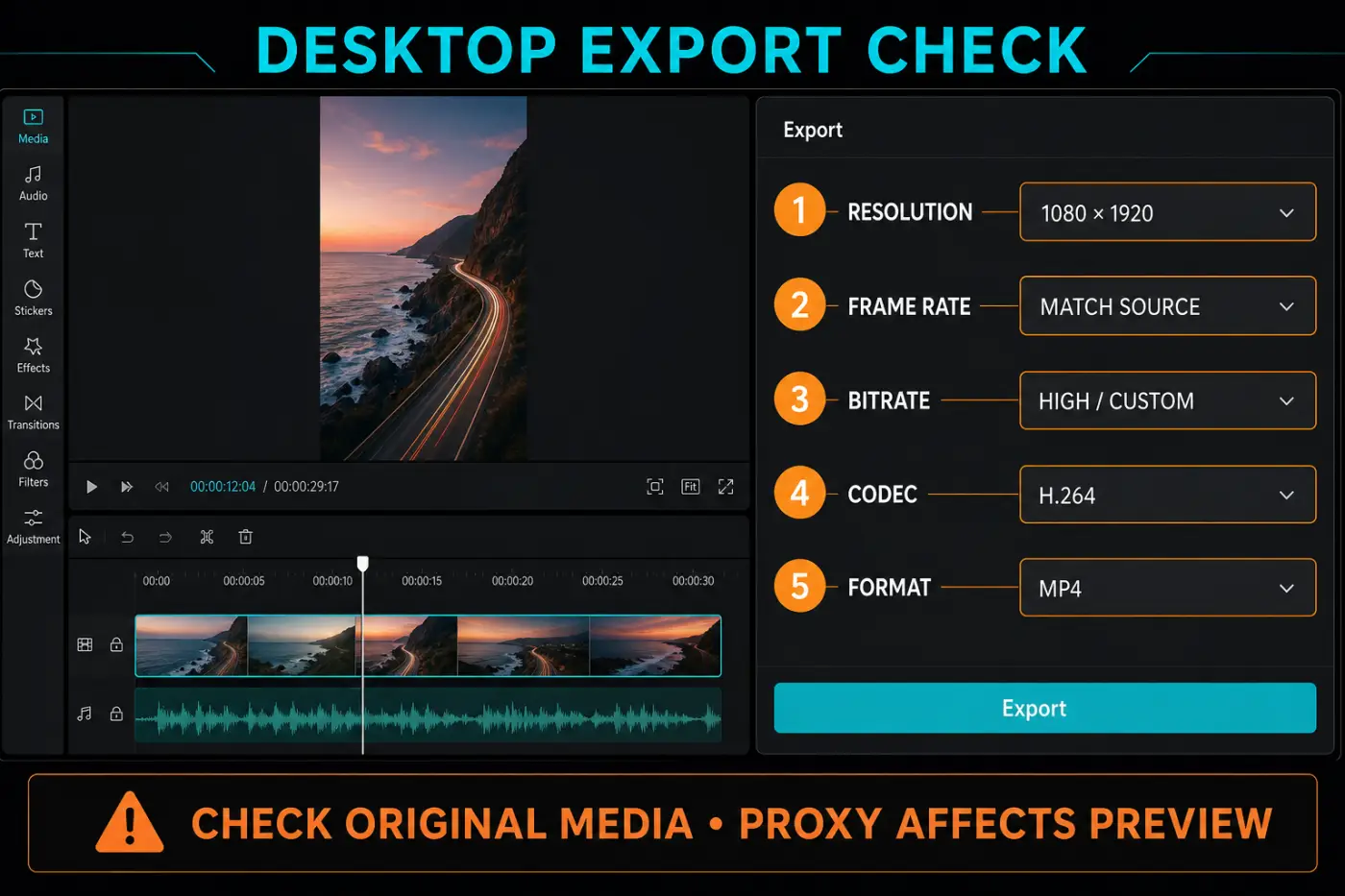 CapCut desktop export panel showing resolution, frame rate, bitrate, codec and format controls