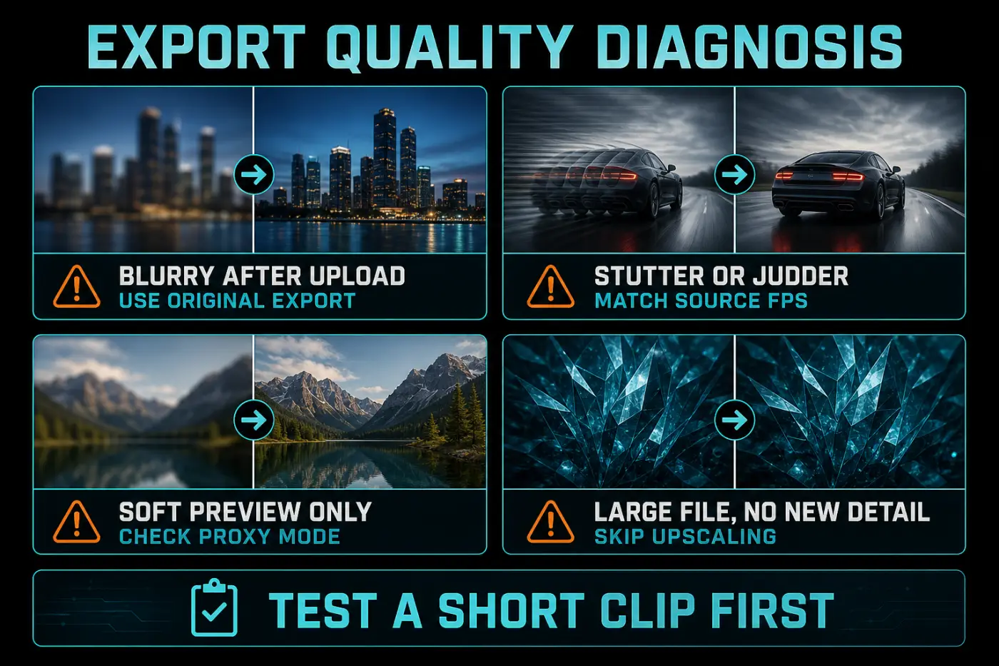 CapCut export quality diagnosis for blurry uploads, stutter, proxy previews and unnecessary upscaling
