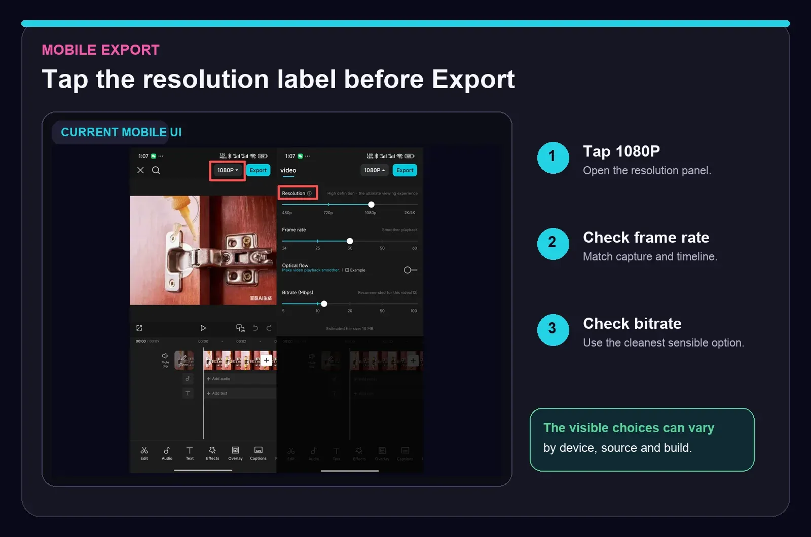 Current CapCut Mobile route to resolution, frame rate and bitrate controls