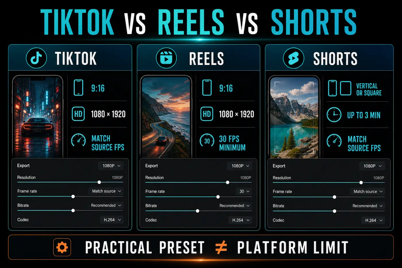 TikTok, Instagram Reels and YouTube Shorts export settings compared side by side