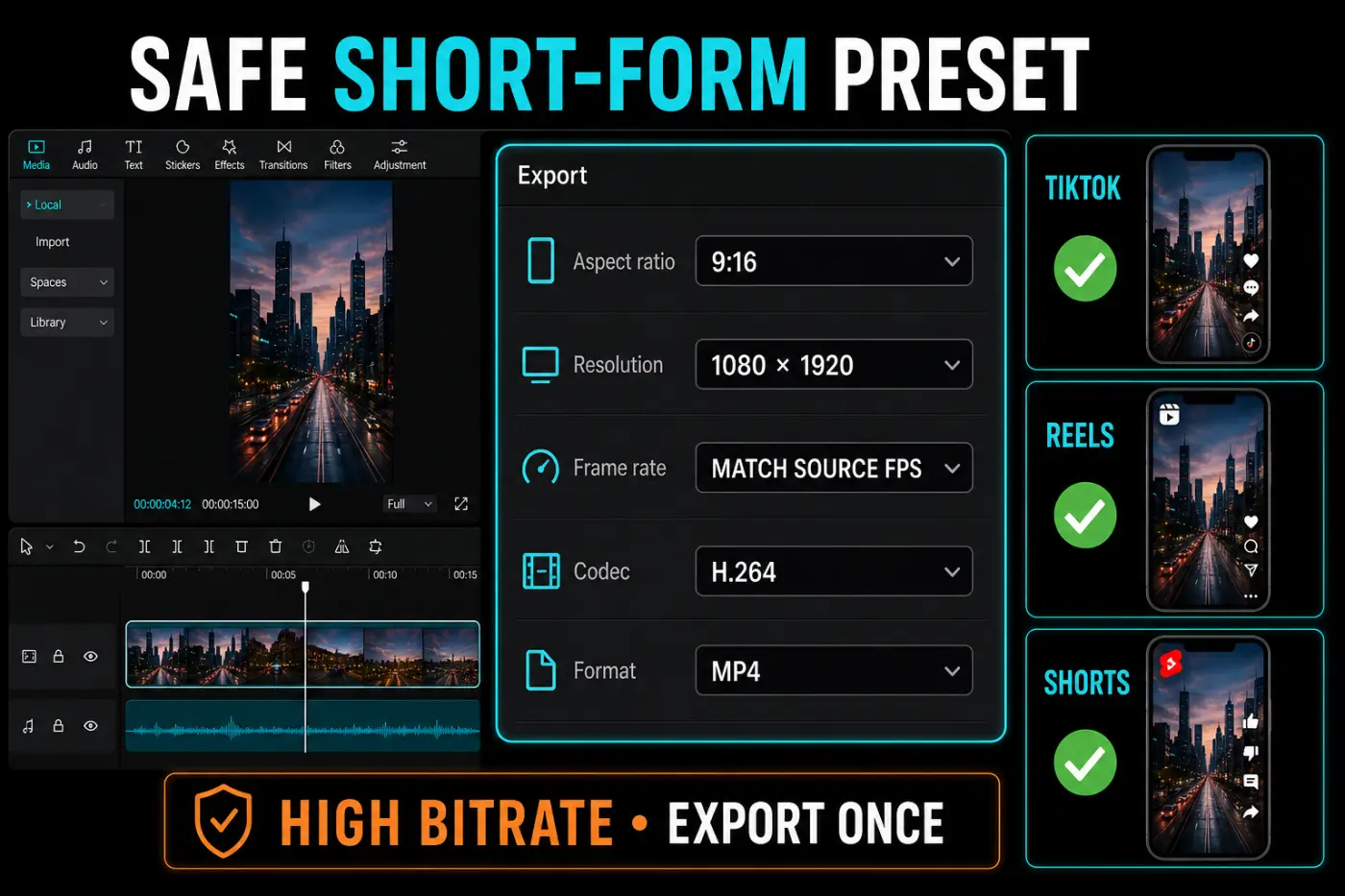 CapCut short-form export preset with 1080 by 1920 resolution, source-matched frame rate, H.264 and MP4