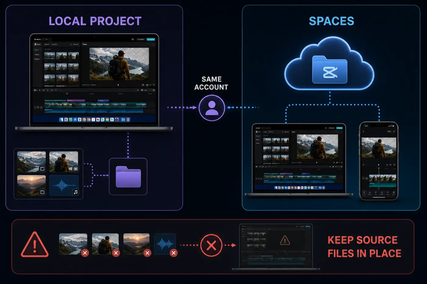 CapCut local Mac project compared with Spaces cloud access on Mac and iPhone