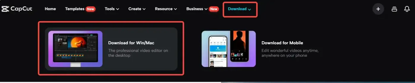 Official CapCut website Download menu with Download for Win and Mac selected