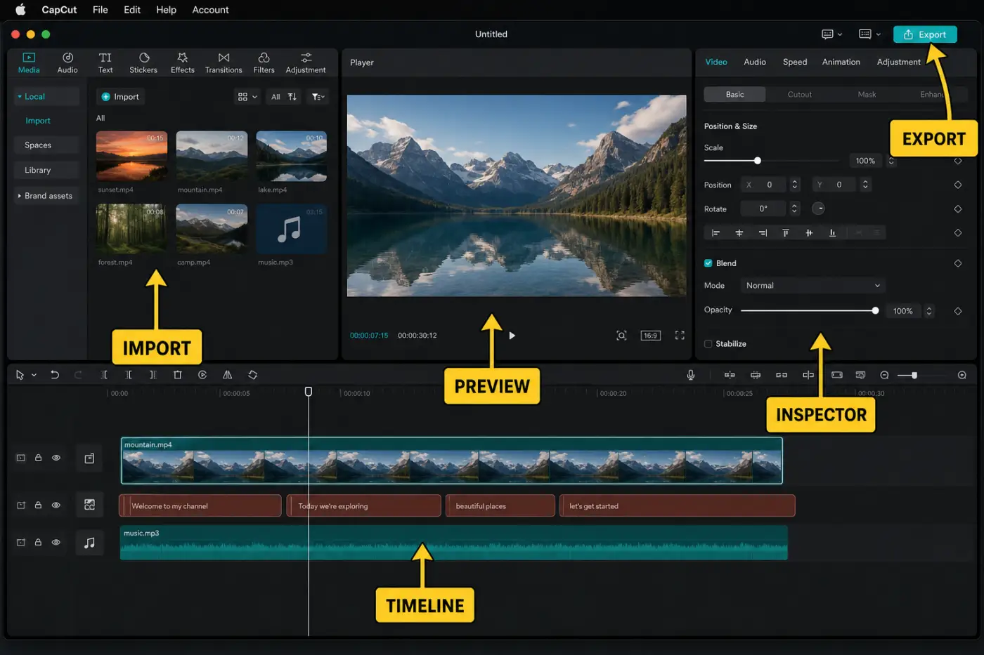 CapCut Mac workspace labeled with import preview inspector timeline and export controls