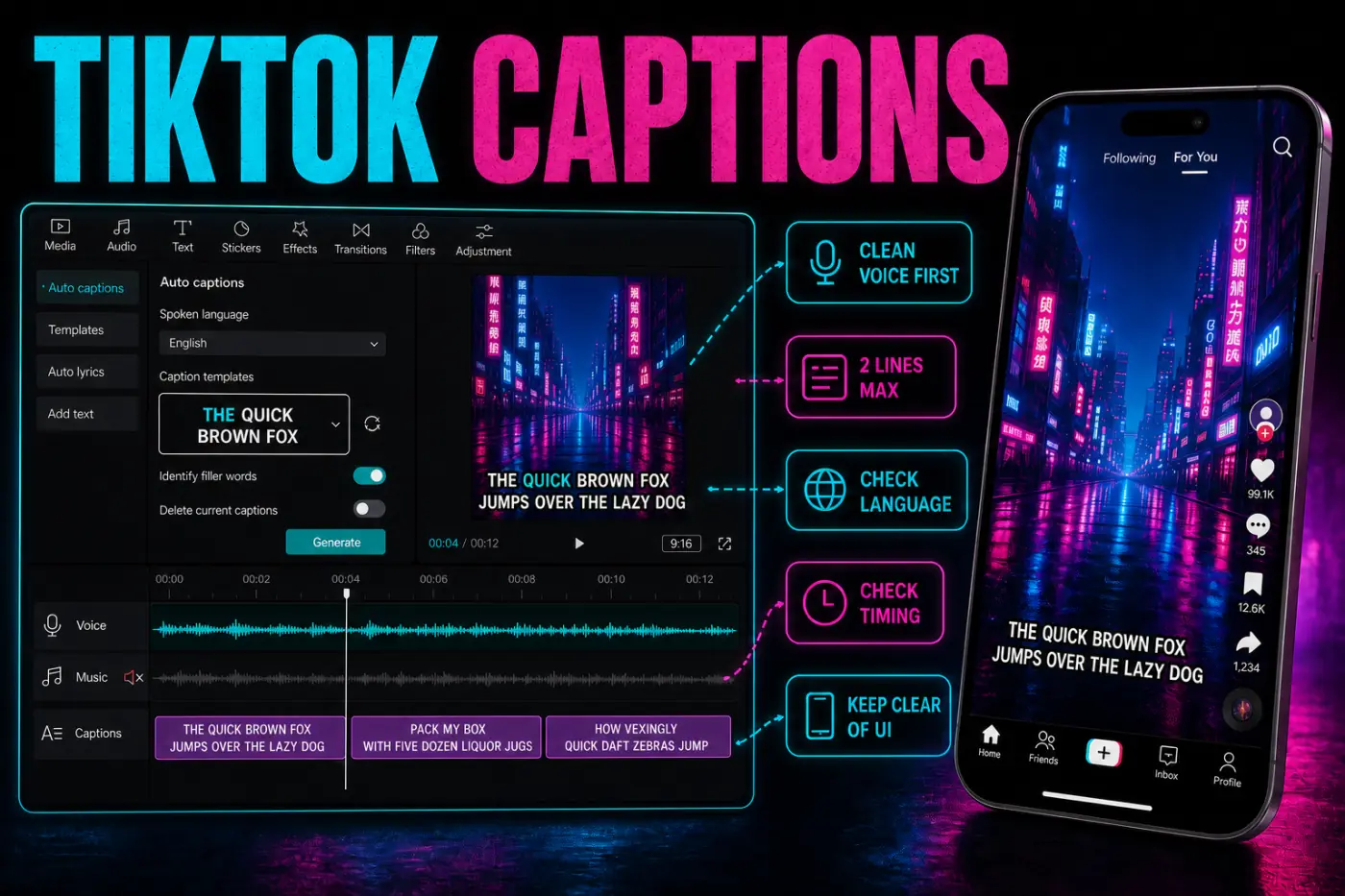 CapCut auto captions positioned clear of the TikTok interface