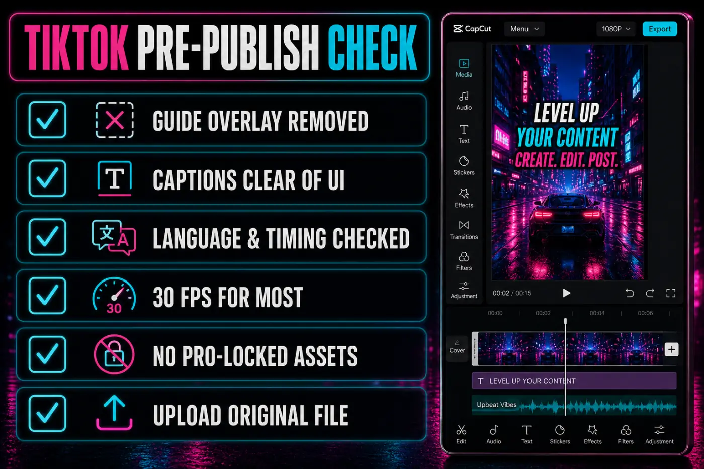 CapCut TikTok pre-publish quality and safe-zone checklist