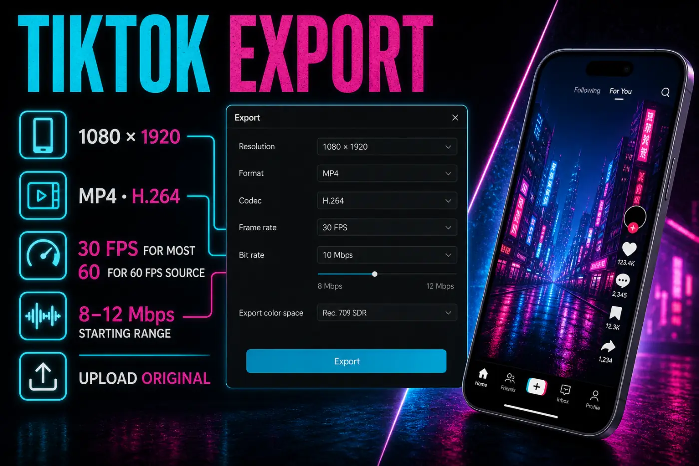 CapCut TikTok export settings with 1080 by 1920 H.264 video