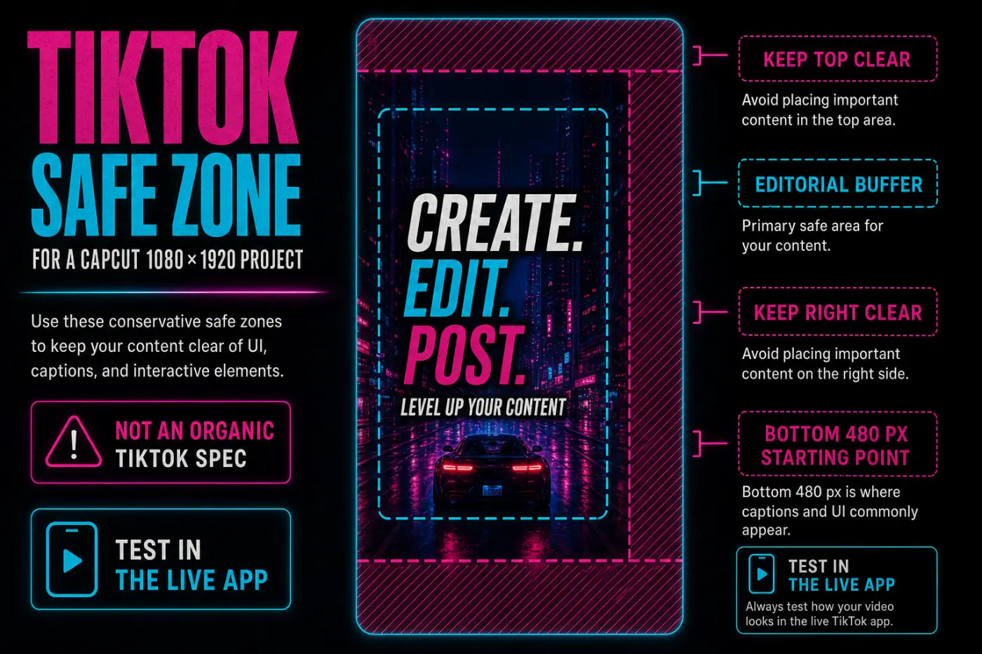 Conservative TikTok safe-zone buffers for a CapCut vertical project