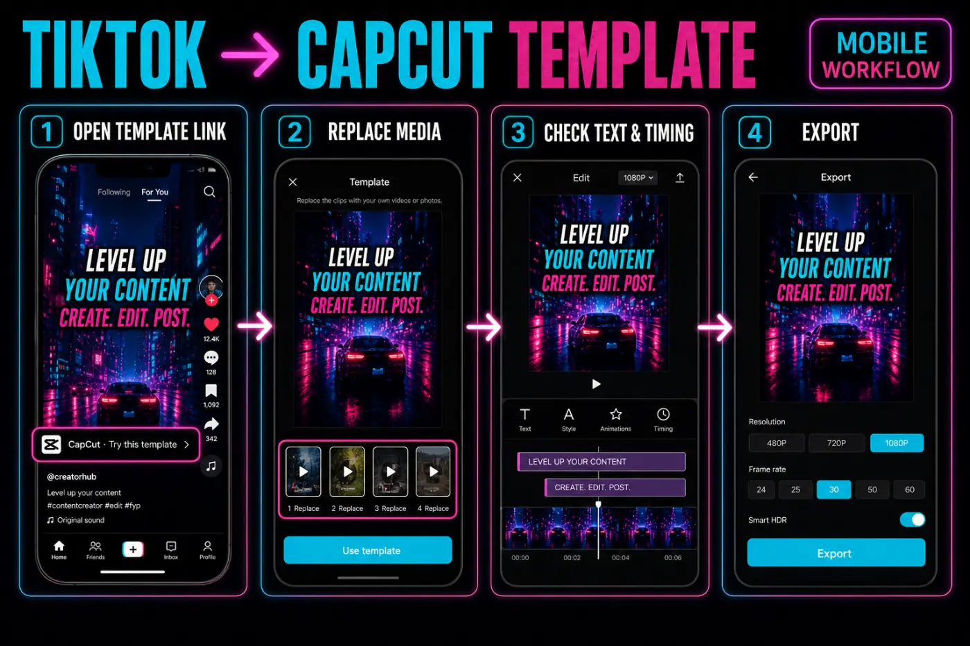 TikTok linked CapCut template workflow on a mobile phone