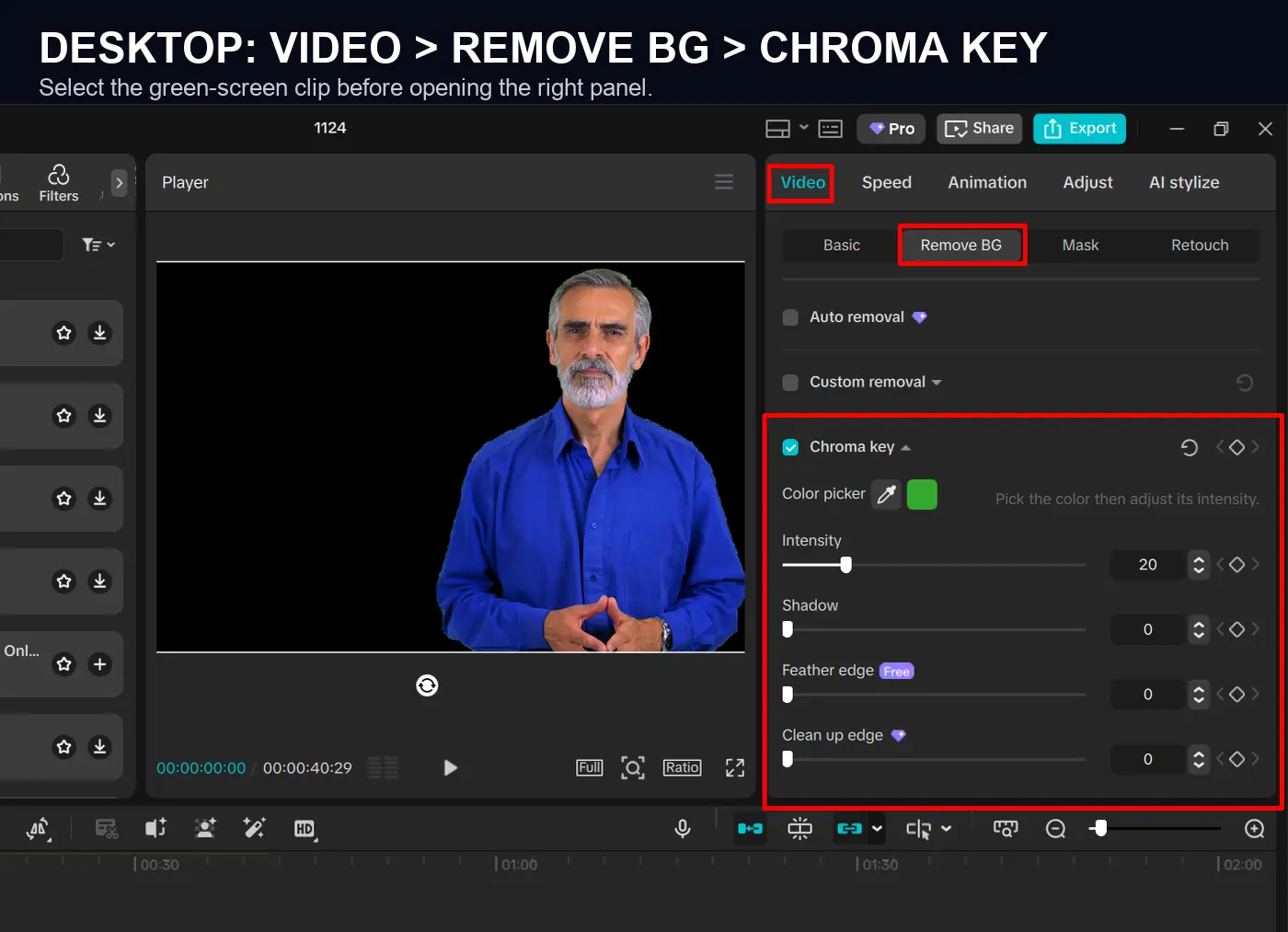 Current CapCut Desktop Video Remove BG Chroma key panel with edge controls