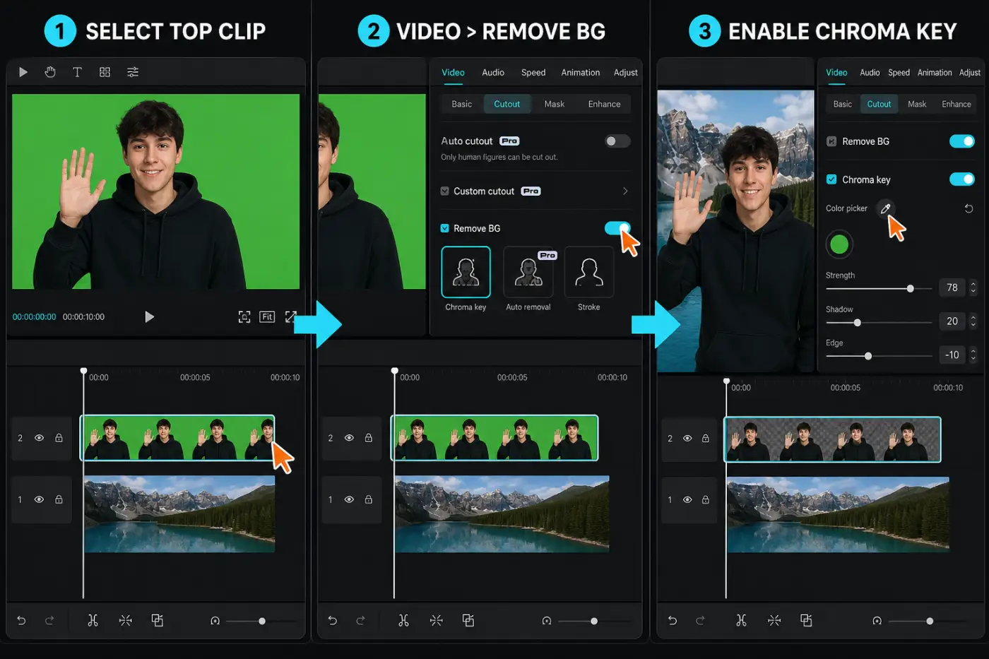 CapCut desktop Chroma Key workflow with upper clip selected and Remove BG panel open