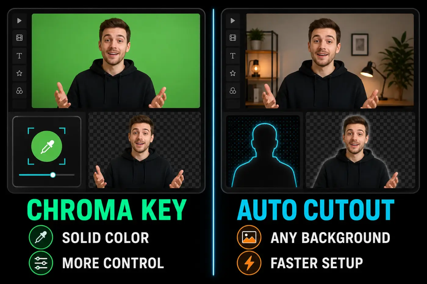 CapCut Chroma Key and Auto Cutout compared for solid-color and normal backgrounds