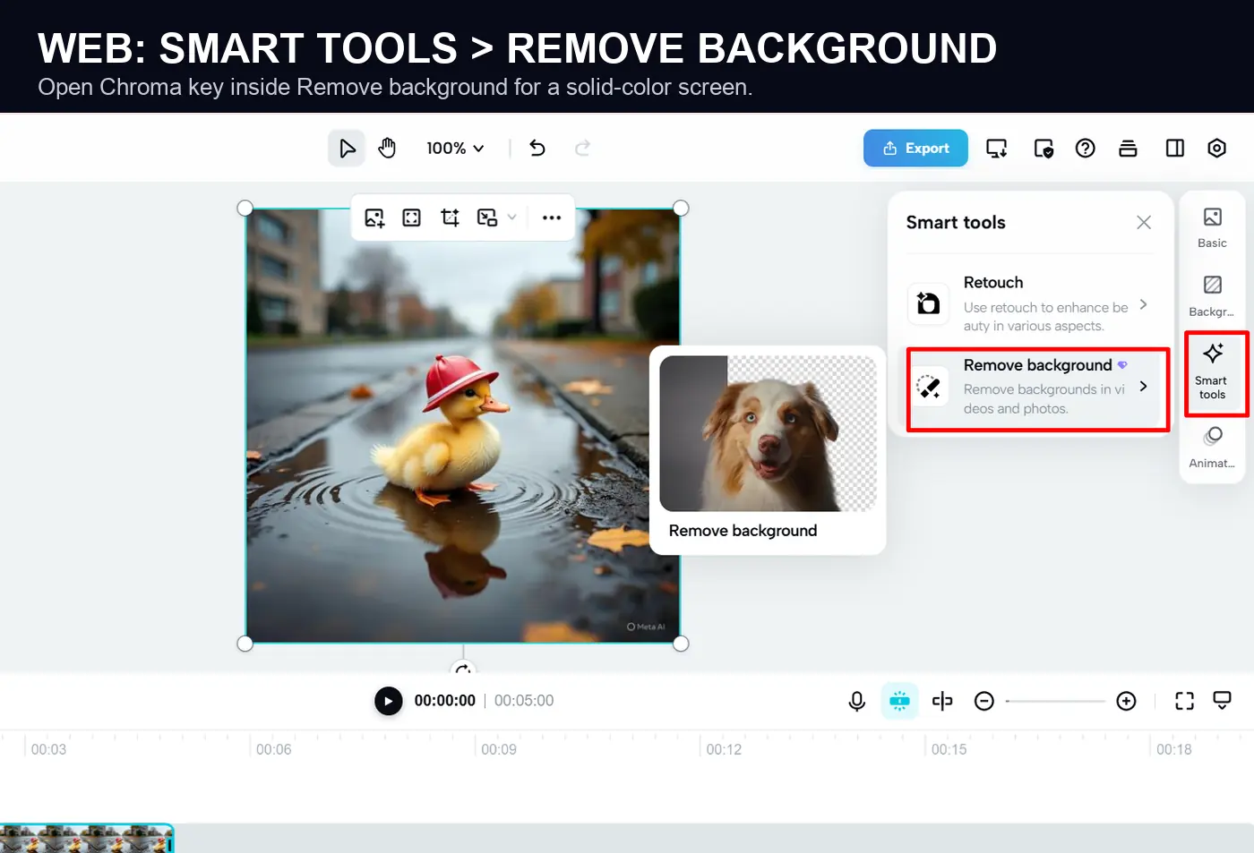 Current CapCut Web Smart tools Remove background menu for Chroma Key