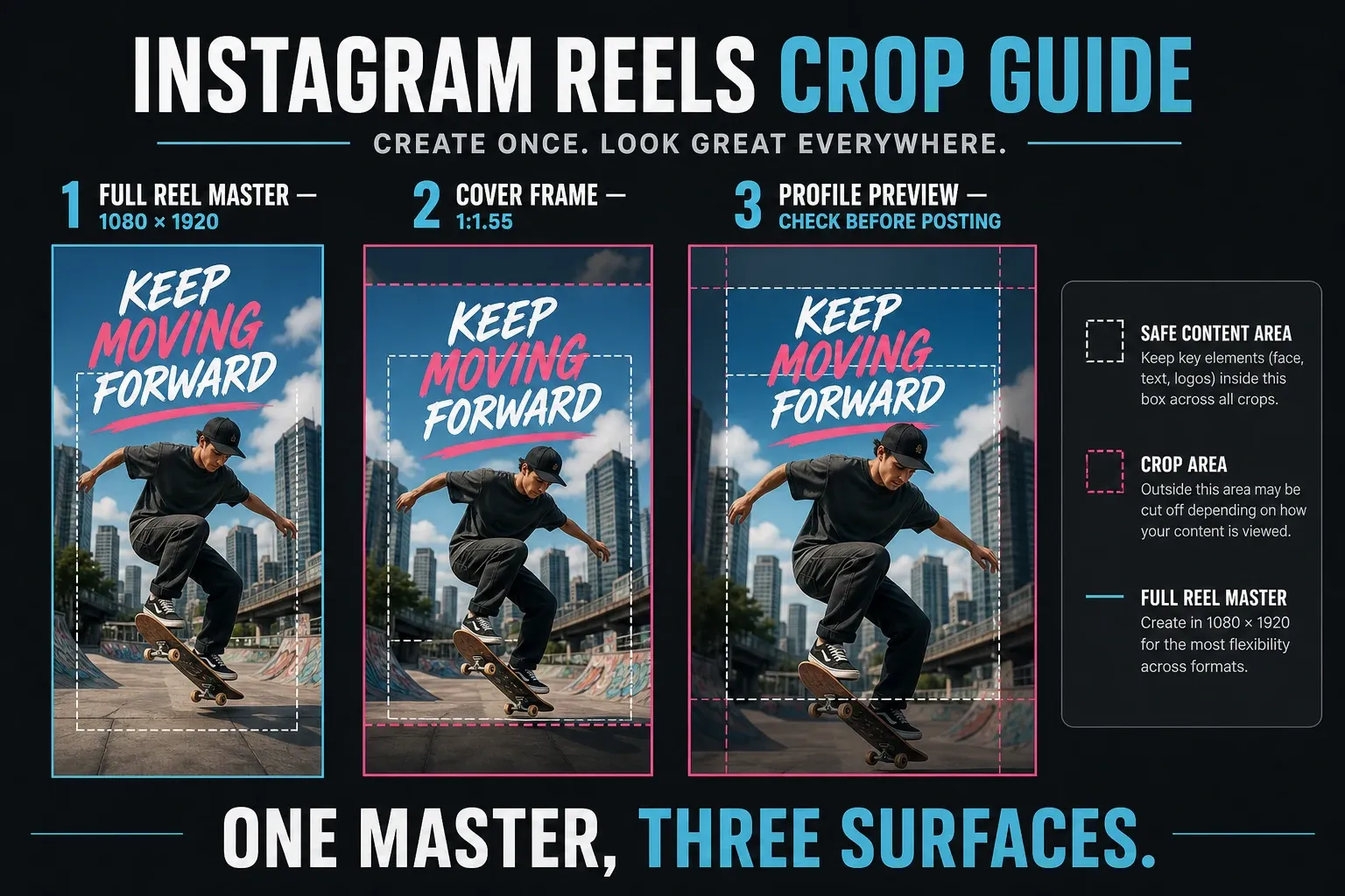 Instagram Reel cover crop diagram comparing full master, 1:1.55 cover and profile preview