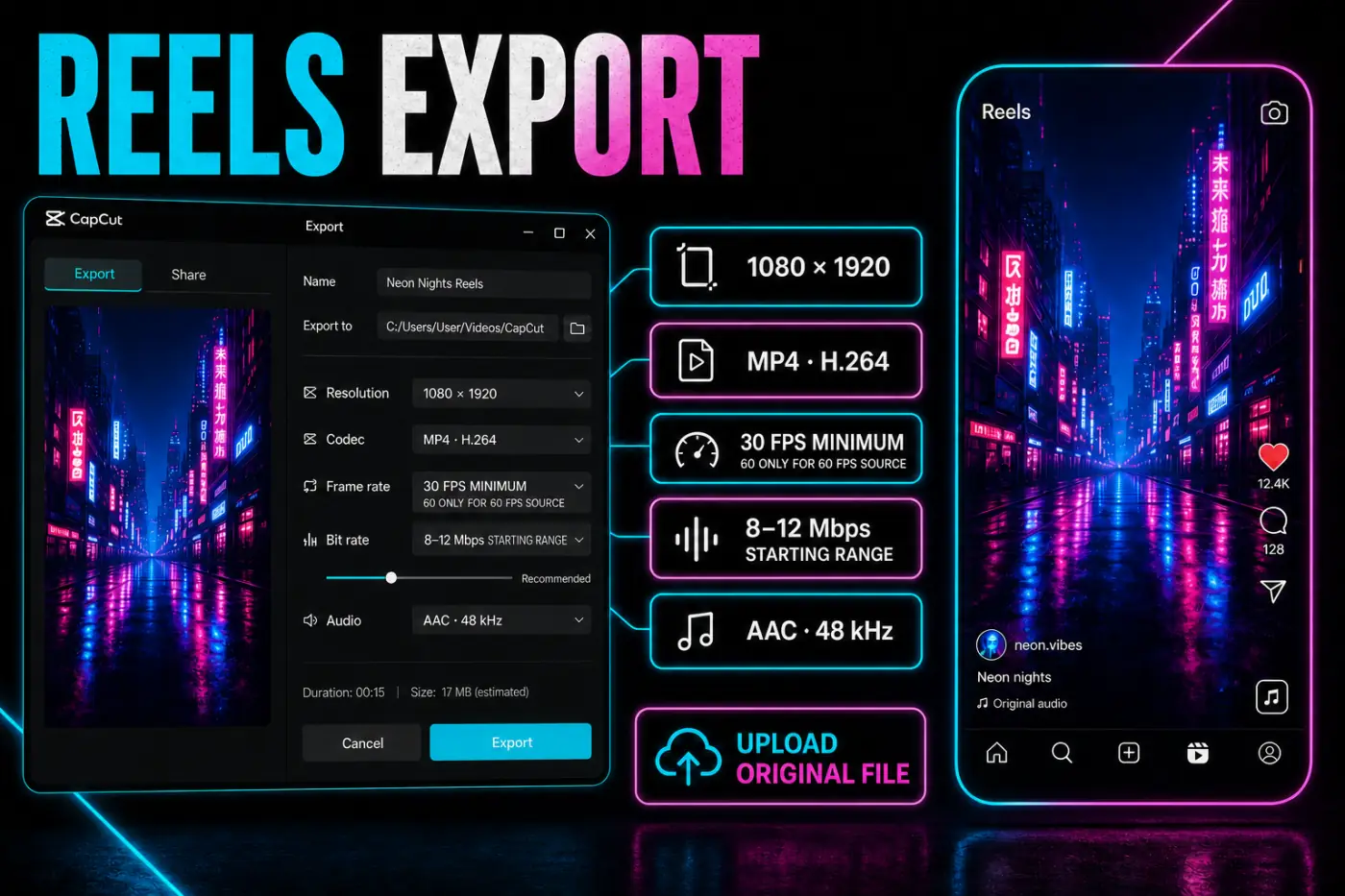 CapCut export settings for a 1080 by 1920 Instagram Reel