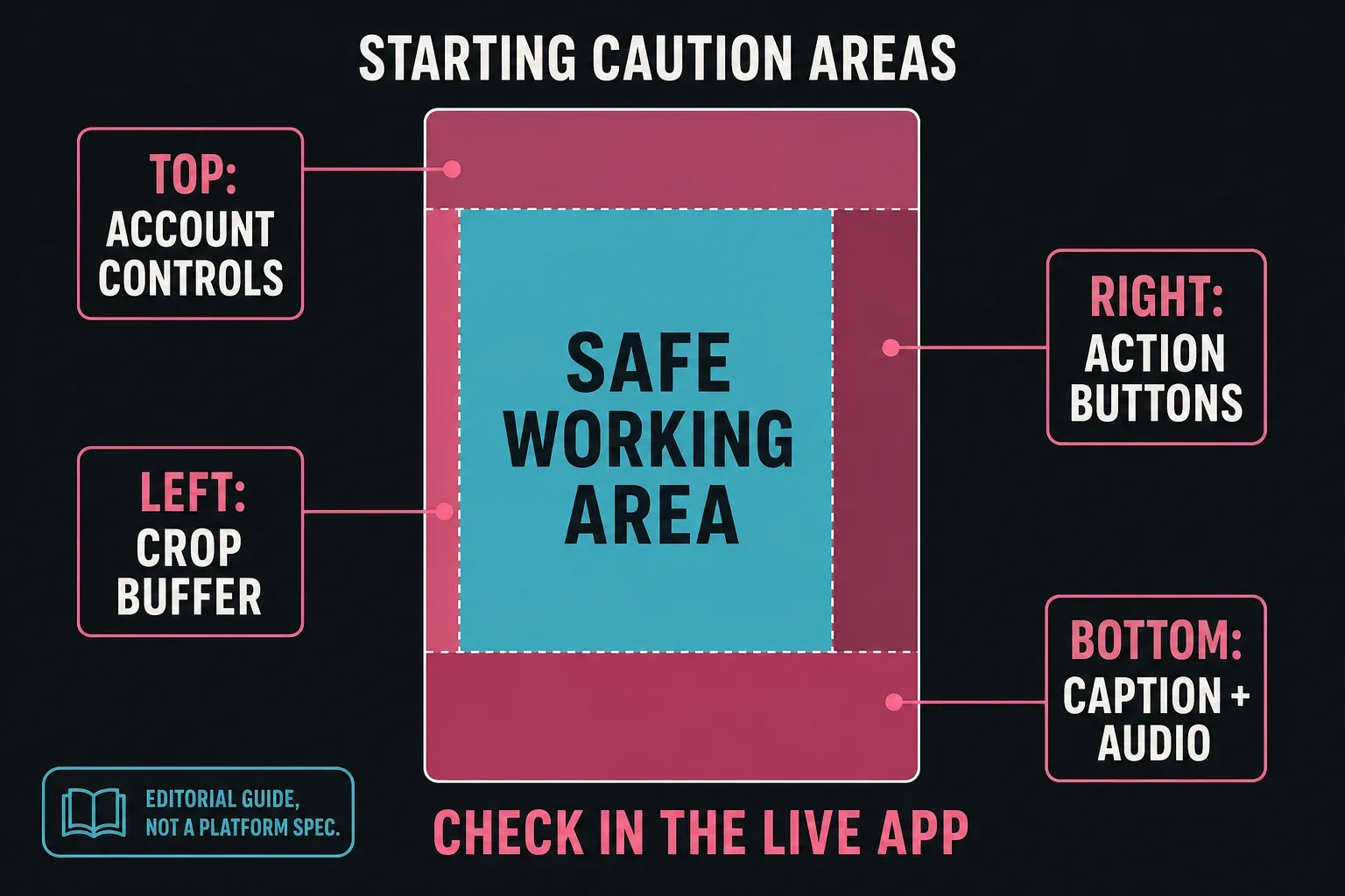 Instagram Reels editorial safe-zone diagram with caution areas around a clear center