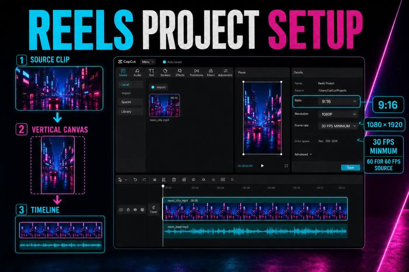 CapCut Instagram Reels project with 9:16 canvas and 1080 by 1920 resolution