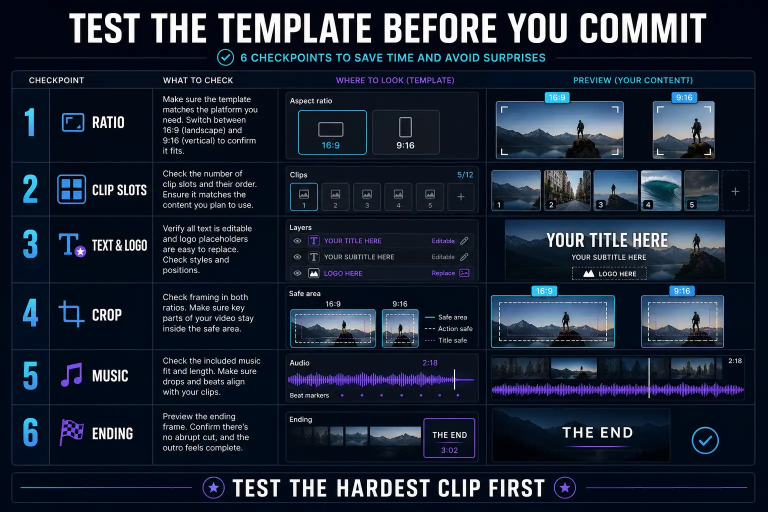 Six-point CapCut intro template checklist for ratio, clip slots, editable text, crop, music and ending