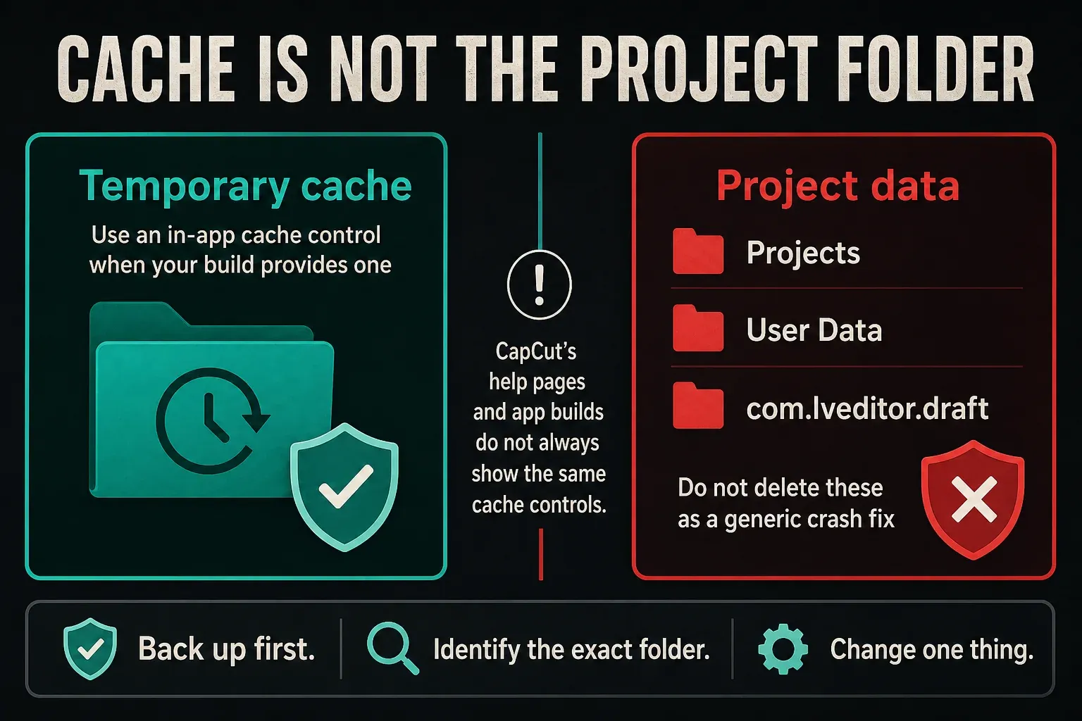 Difference between CapCut temporary cache and project data folders