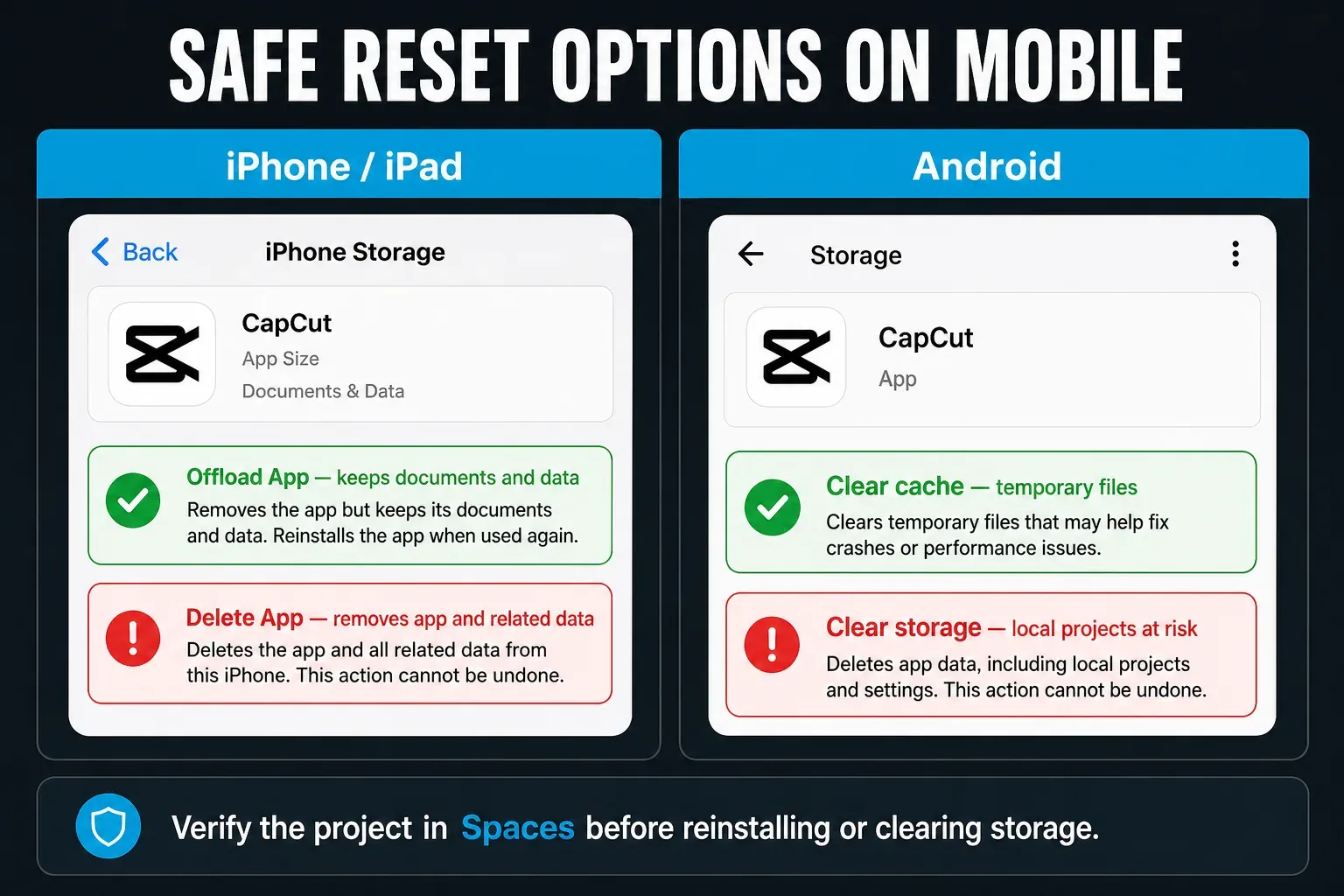 Safe iPhone iPad and Android reset options for CapCut projects