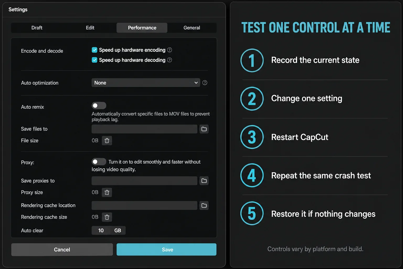 Current CapCut Performance settings with hardware encoding and proxy crash tests
