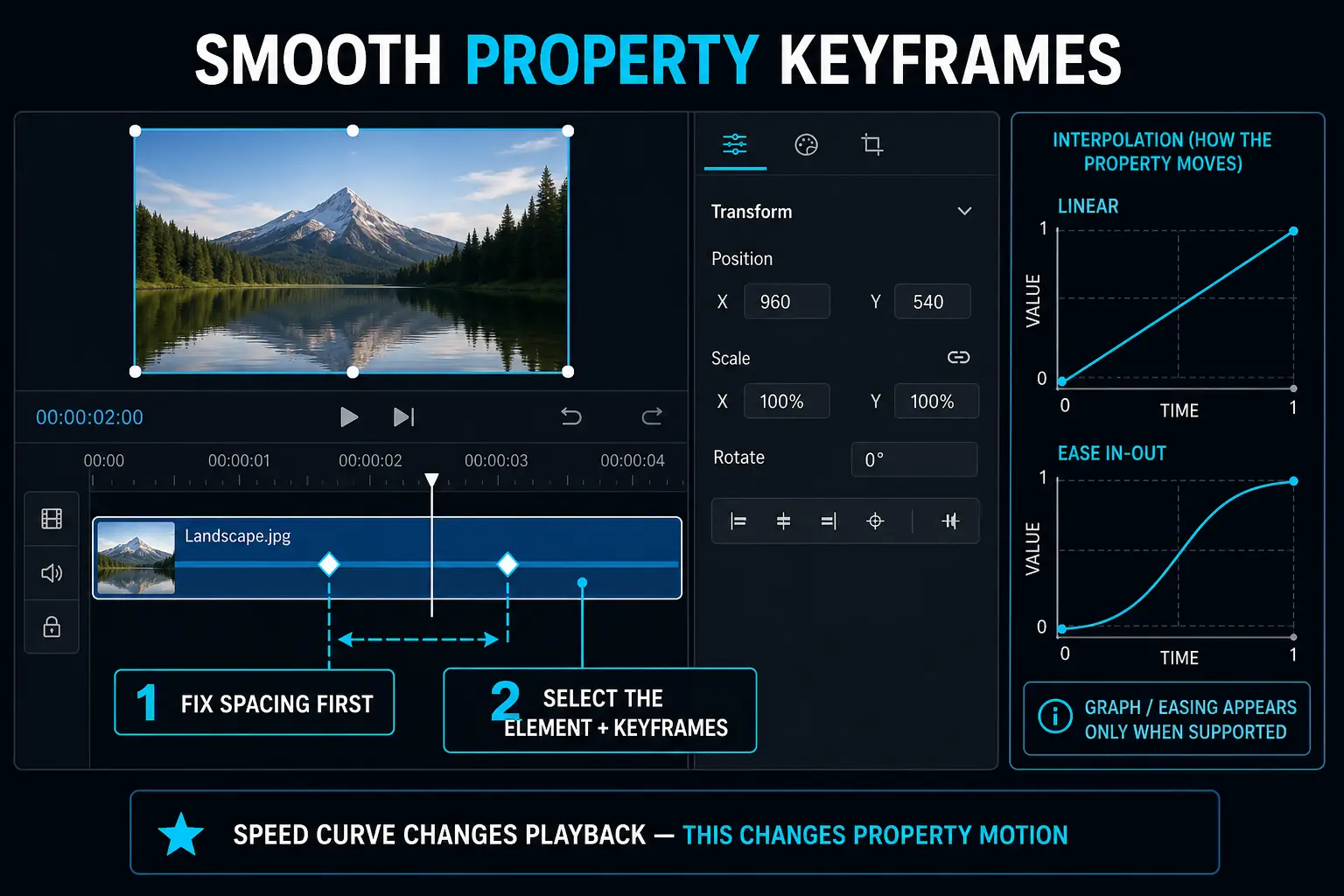 CapCut property keyframe spacing with linear and ease-in-out interpolation