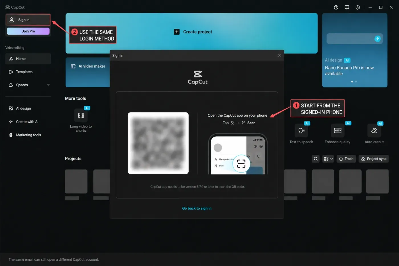 CapCut sign-in methods that can open different accounts despite the same email