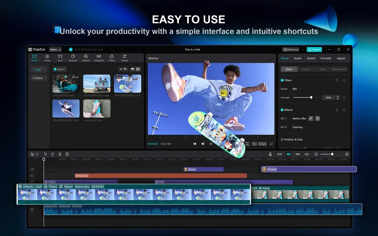 CapCut desktop editor with media bin preview inspector and layered timeline