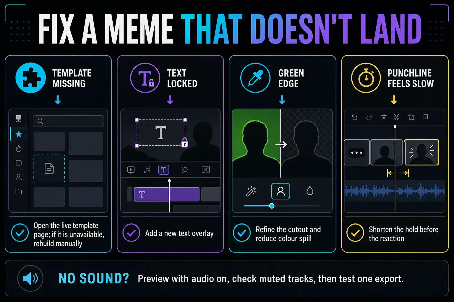 CapCut meme troubleshooting for a missing template, locked text, green edge, slow punchline and muted sound
