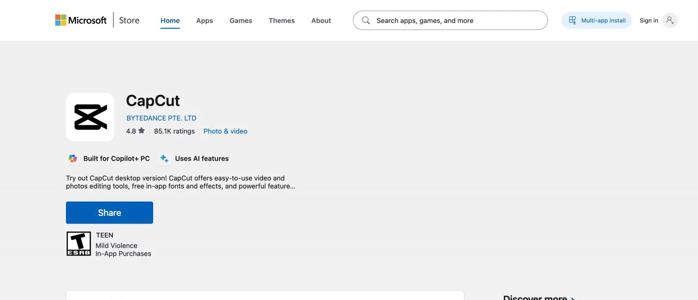 Microsoft Store listing for CapCut by BYTEDANCE PTE. LTD on Windows