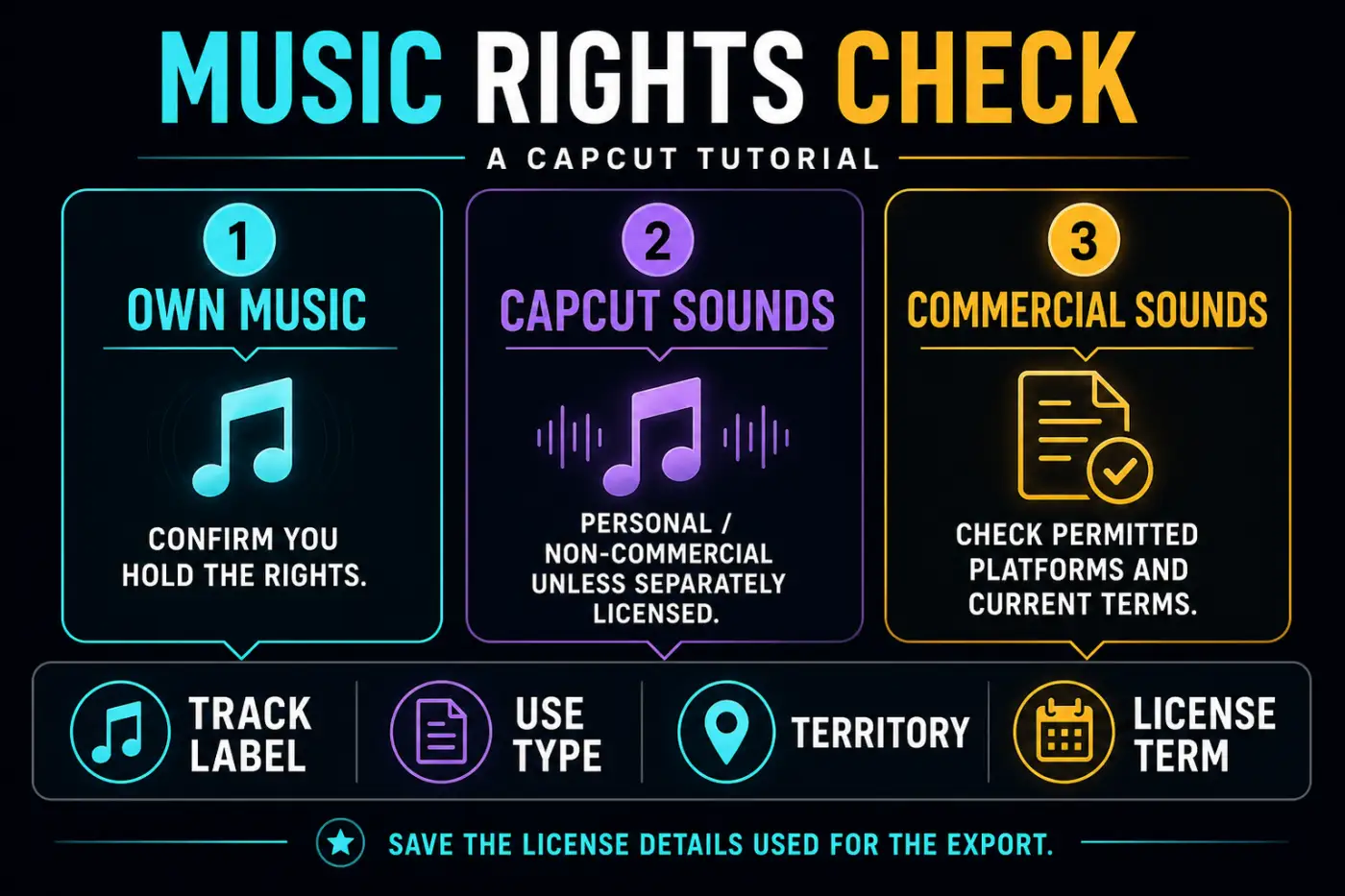 Music rights checklist for owned audio, CapCut Sounds and Commercial Sounds