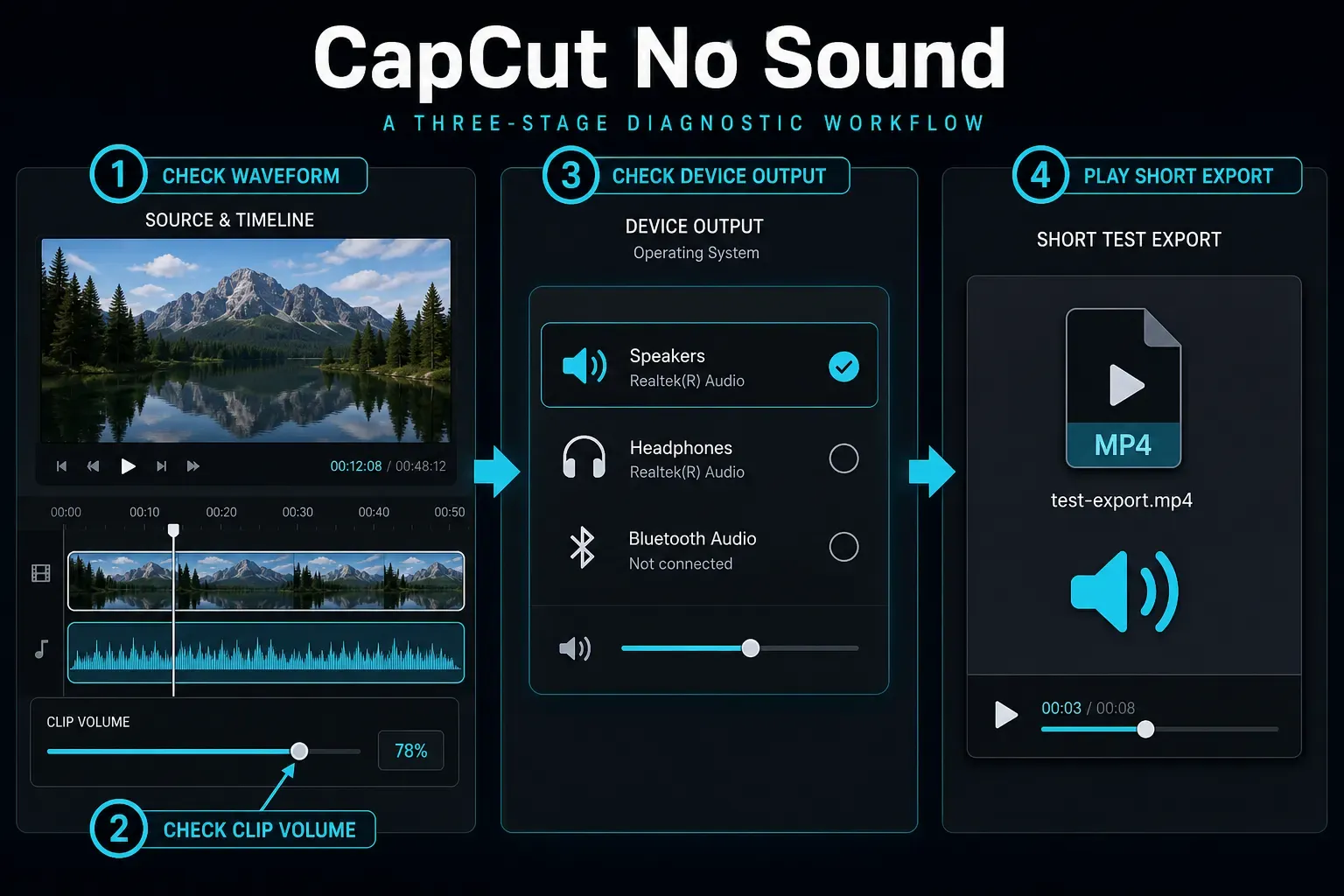 CapCut no sound workflow checking waveform clip volume device output and a short MP4 export