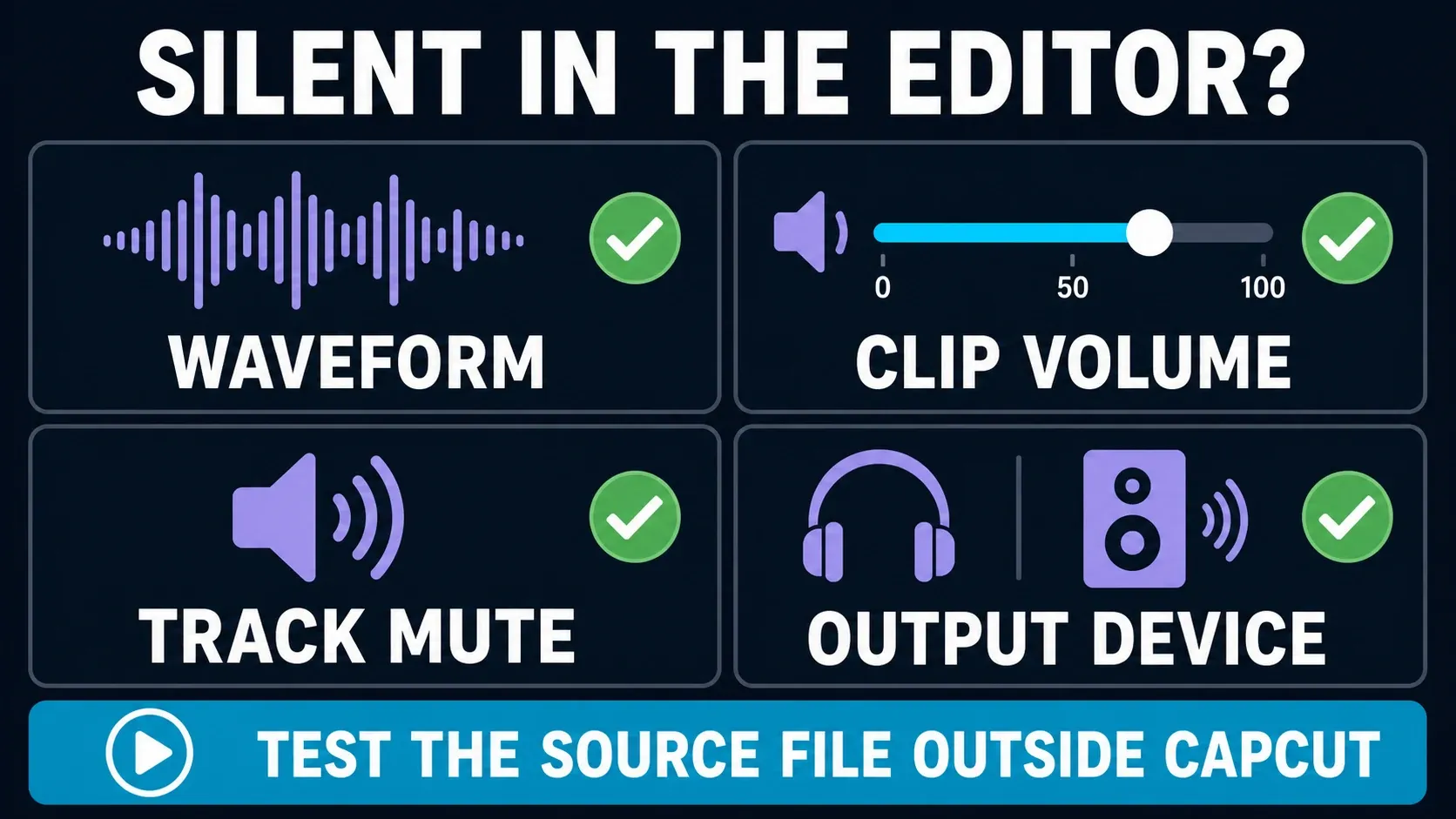 CapCut editor sound checks for waveform clip volume track mute and output device