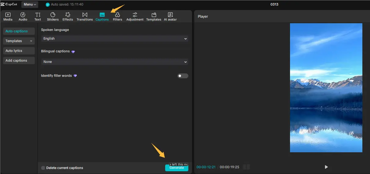 Current CapCut Desktop Auto Captions panel with spoken language, bilingual captions and Generate controls