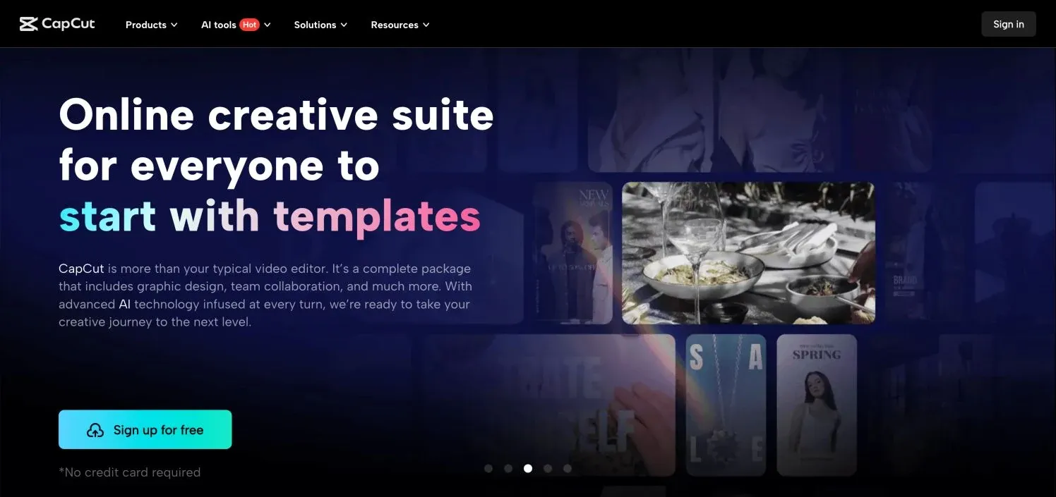 CapCut Online public Creative Suite page with sign-up button and no personal account data