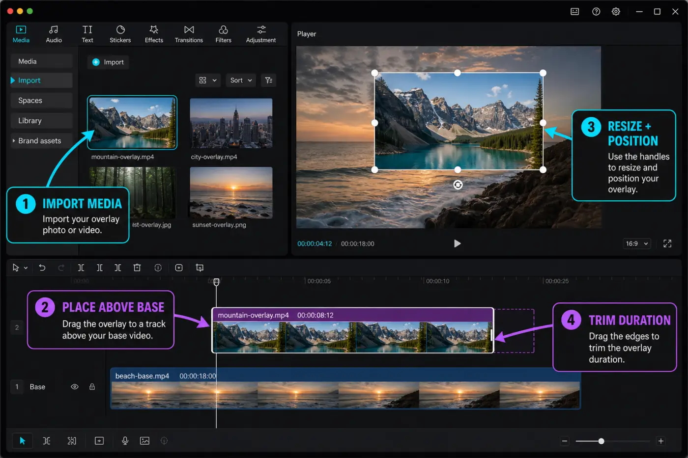 CapCut Desktop overlay placed on a timeline track above the base video and selected in the preview