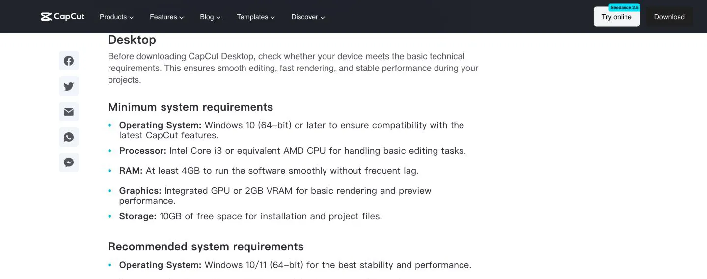 Official CapCut Desktop minimum requirements for Windows 10 64-bit RAM graphics and storage