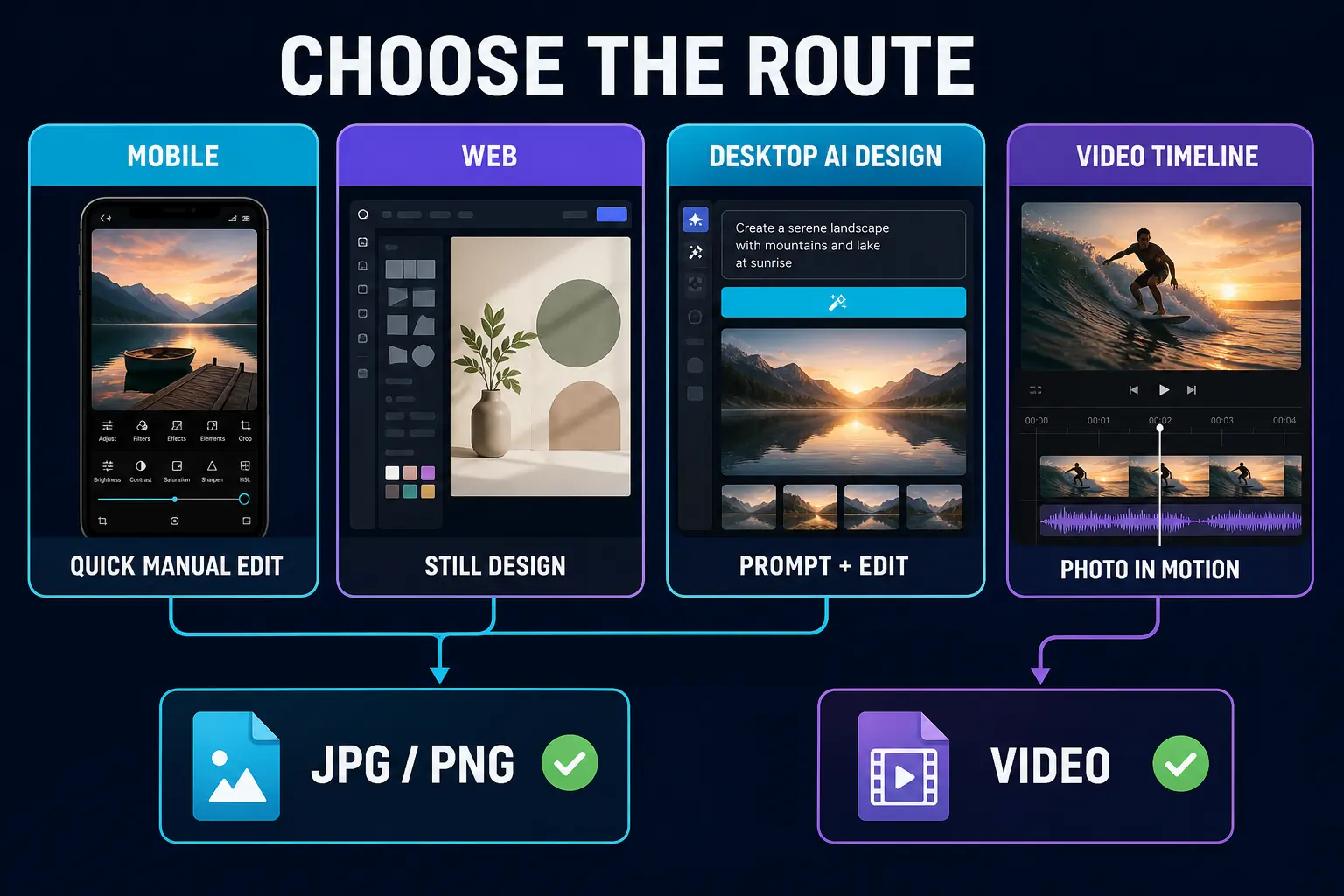 CapCut photo editor route map for Mobile, Web, Desktop AI Design and the video timeline