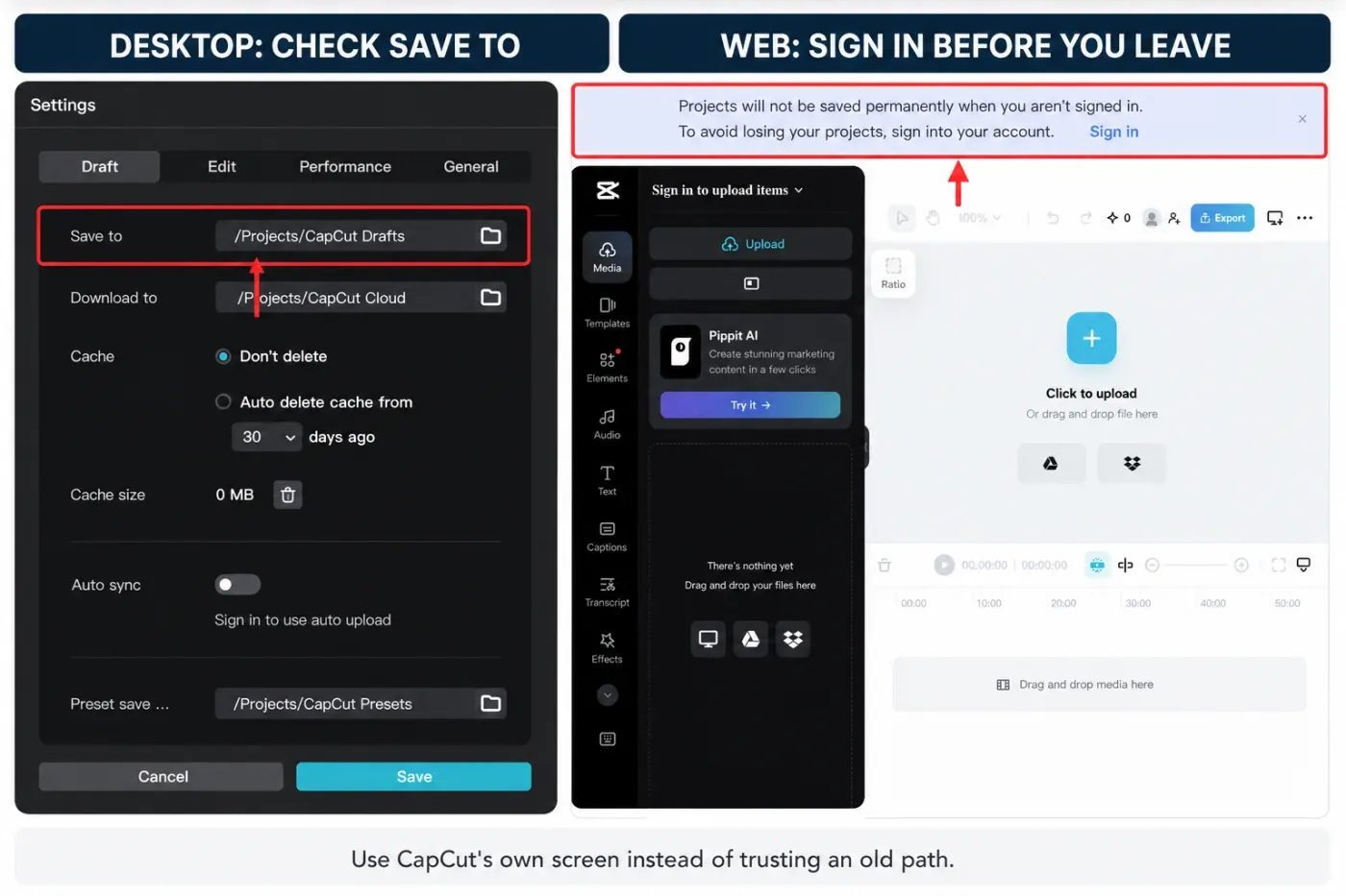 CapCut Desktop Save to setting compared with the CapCut Web signed-out project warning