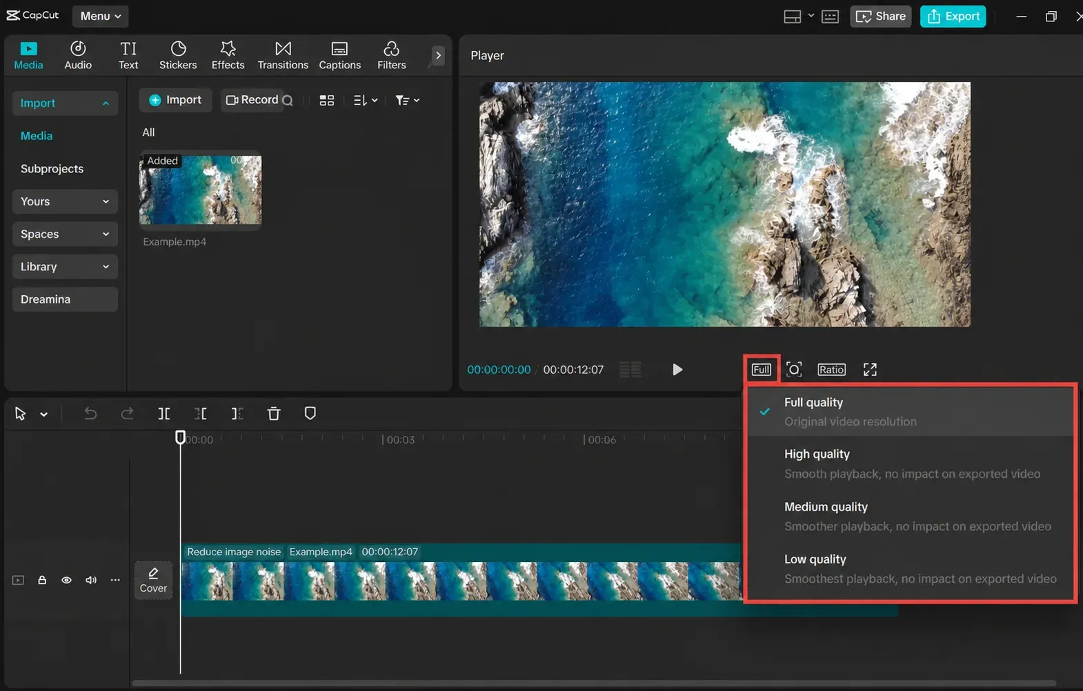 CapCut Desktop preview quality menu with Full, High, Medium and Low options