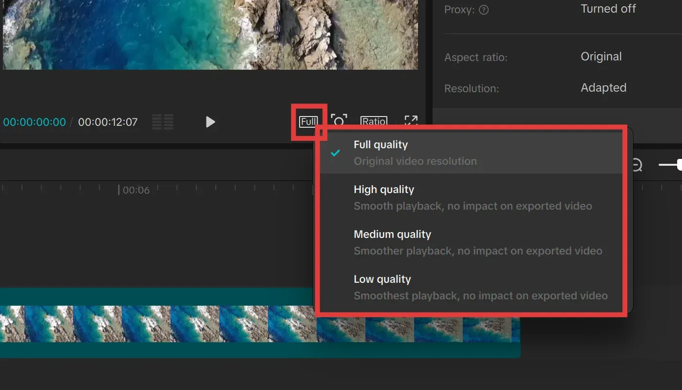 CapCut preview quality menu with Full, High, Medium and Low options